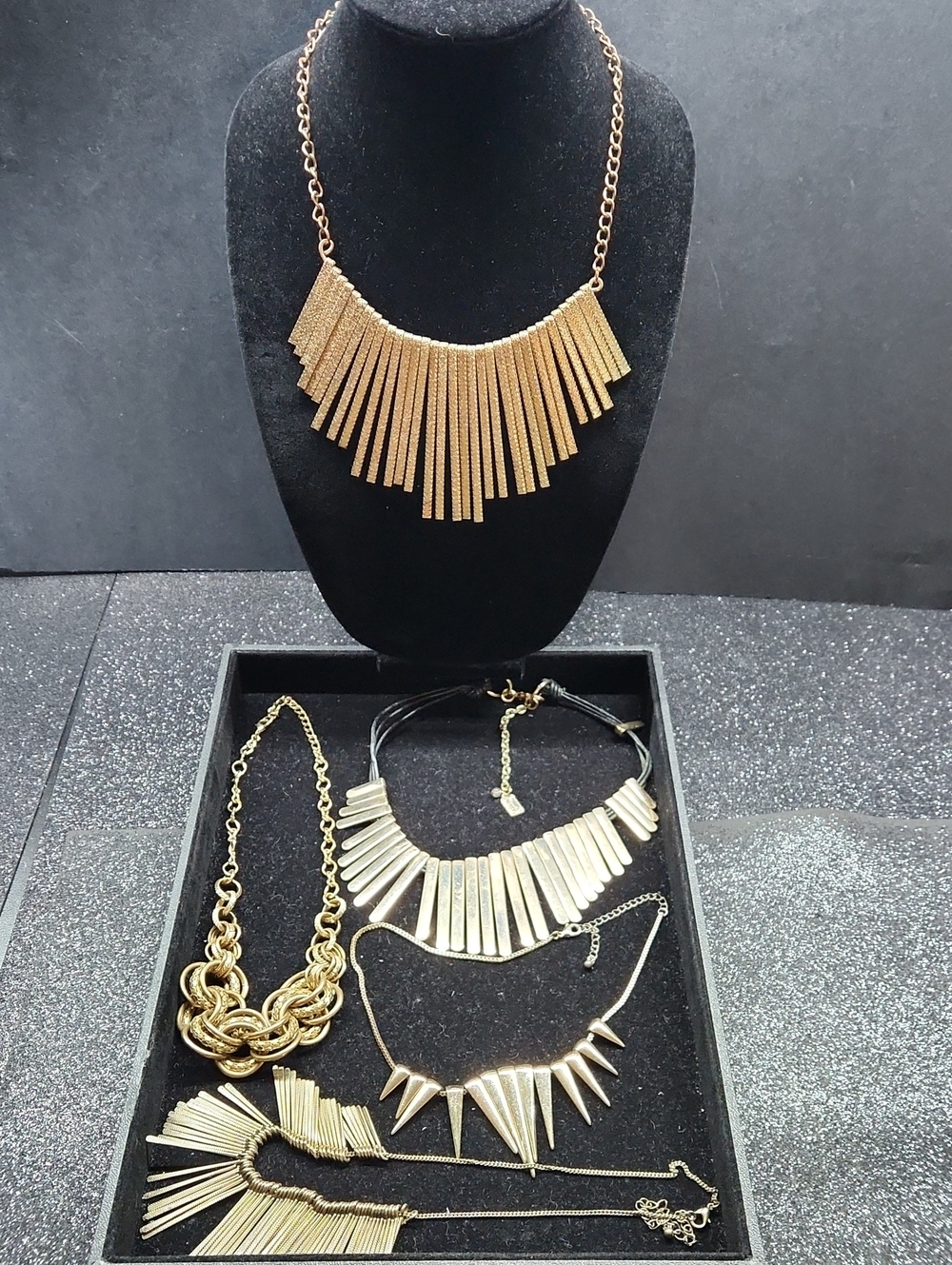 Gold-Tone Fringe Bib Necklace Elegant Statement Bundle